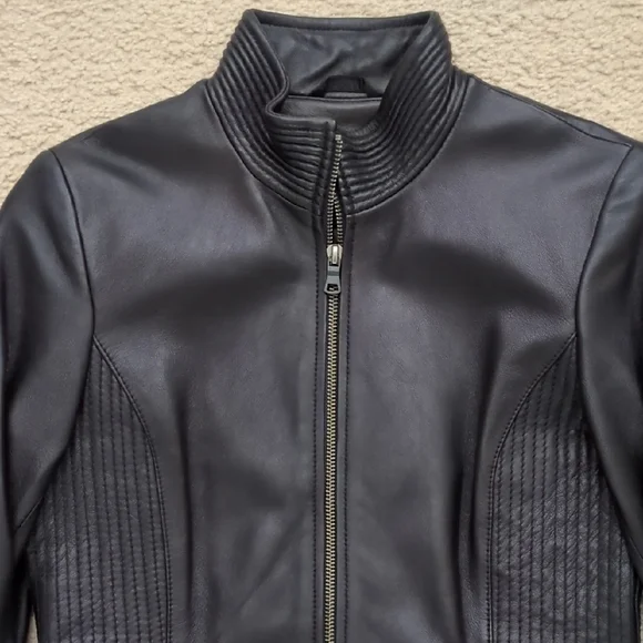 Women's Kenneth Cole Soft Black Leather Moto Jacket Coat Leather Jackets